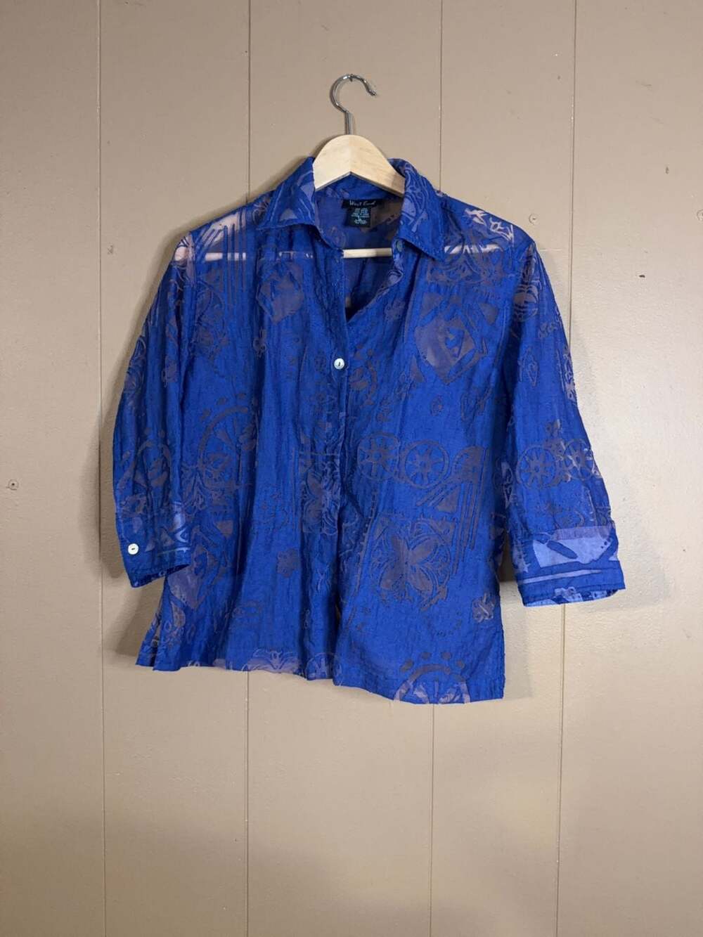 West End Women's Blue Sheer Burnout Pattern Button Down Shirt Size S